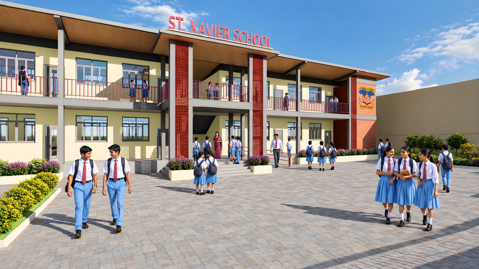 Students of St. Xavier's Secondary School in front of the campus